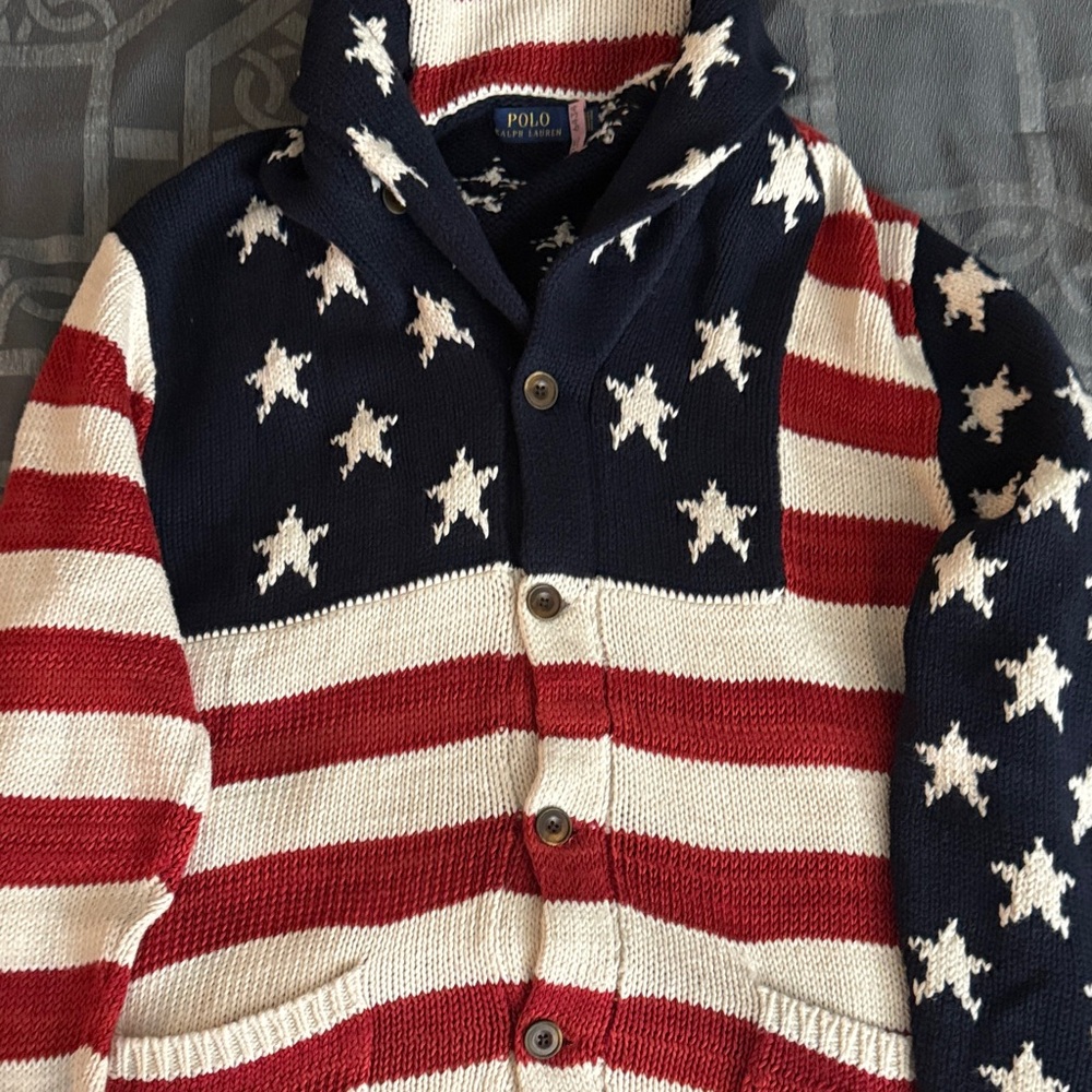 Polo by Ralph Lauren Men American Flag Knit Cardigan Jacket - Navy/Red/White